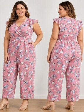 NWT Angela Plus Pink Floral Jumpsuit 3XL Straight Leg Ankle Length Cottagecore